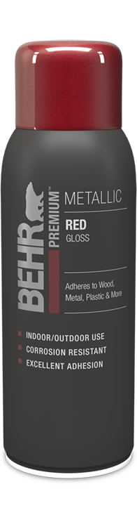 Can of Behr Premium Metallic Spray Paint Gloss, Red